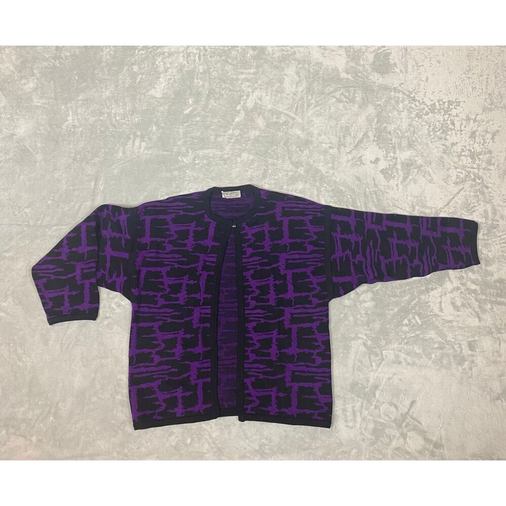 VTG JAEGER London Women's Wool Cardigan Sweater Purple Black Knit